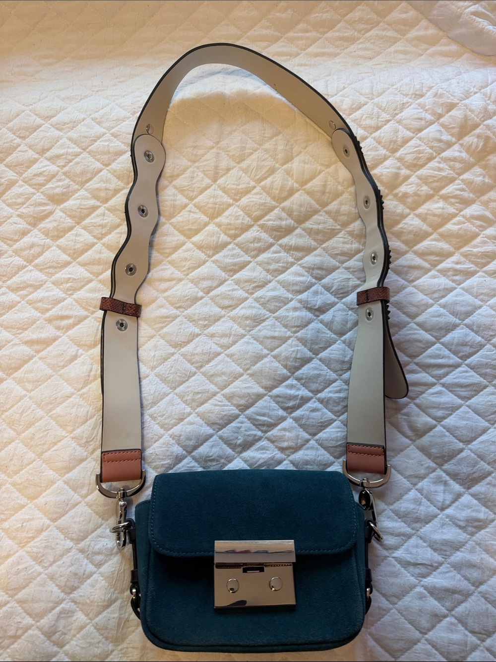 Teal Suede Crossbody Shoulder Bag with White Strap